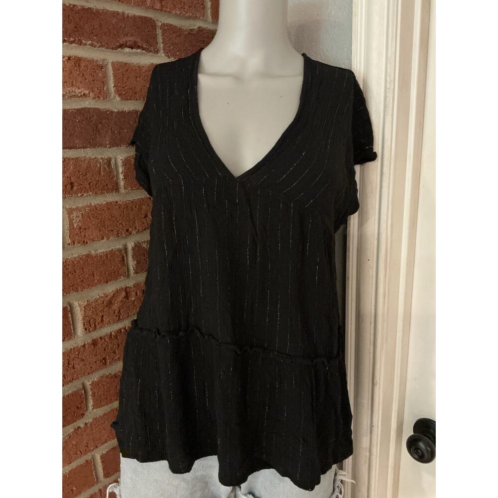 Black Metallic Stripe Open Back Babydoll Top Size Small Xhiliration Y2K Peplum